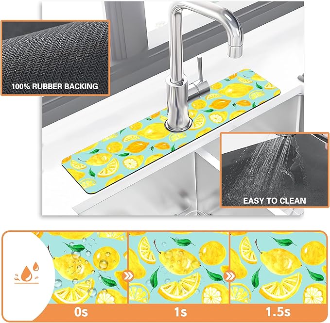 Kitchen Sink Splash Guard Faucet Mat Watercolor Lemon Citrus Sink Splash Guard Behind Faucet,1 PC Soft Diatom Mud Non-Slip Mat-for Kitchen,Dish Drying Mat,Bathroom Faucet Mat 23.5""X5.5""