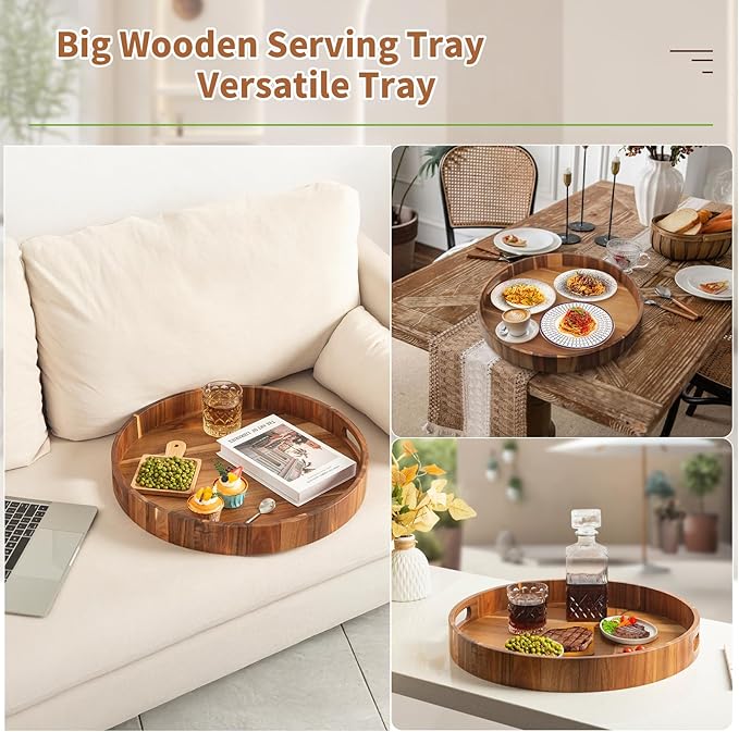 Large Ottoman Tray, 22" Big Ottoman Tray for Living Room, Large Serving Tray with Handles for Coffee Table Kitchen Counter,Great Round Wooden Trays with 4 Round Coasters for Appetizers, Dinner