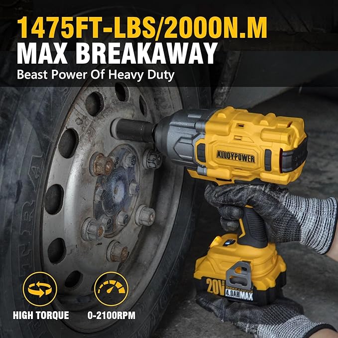 ALLOYPOWER Cordless Brushless Impact Wrench, 1475 ft-lbs (2000N.m), 1/2 High Torque power impact gun, 3-Mode Speed, 4000mAh Battery, 3 Sockets, Electric Impact Wrench Set for Car Tire Truck RV Mower