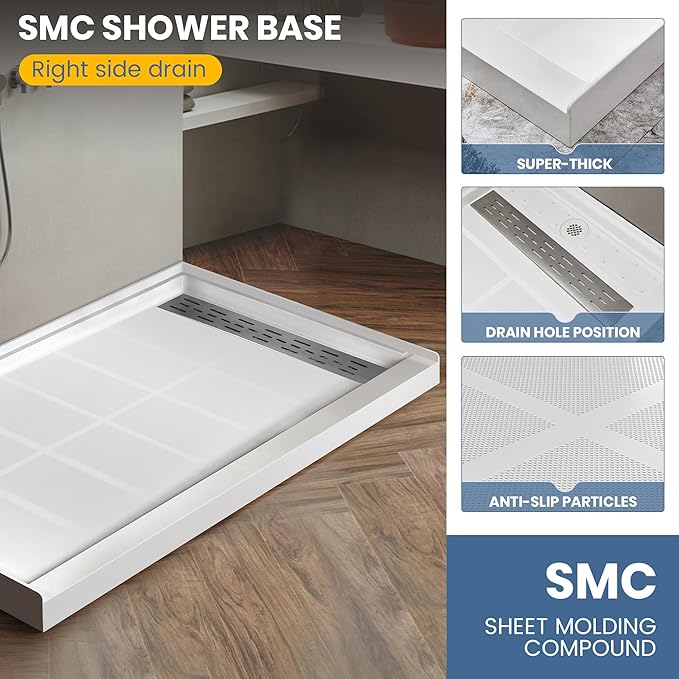 Shower Base Pan in White Right Linear Drainer, Rectangular Shower Base 60"×36"×4" with Non-Slip Floor Panel and Stainless Steel Shower Drain Cover
