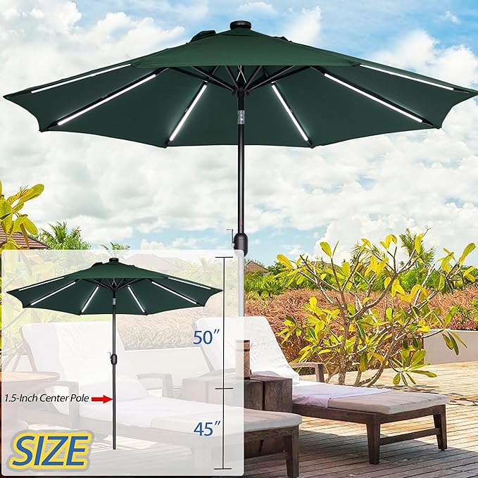 Sunnyglade 9FT Outdoor Solar LED Lighted Patio Umbrella with 8 LED Strip Lights & 8 Ribs, Convenient Crank Lift System
