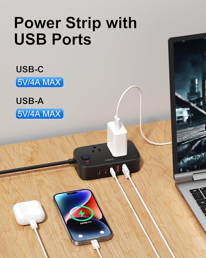 Power Strip with USB C - 40W Charging Station with 2 Outlets 3 USB C & 2 USB A - Charger for Multiple Devices, 5Ft Flat Plug Extension Cord for Travel Cruise Ship Office Dorm (Black)