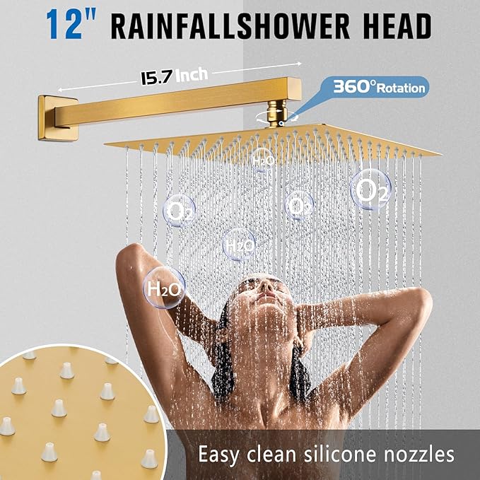 12 Inch Rainfall Shower System - Wall Mounted Complete Combo with Solid Brass Pressure Balancing Valve, High Pressure Shower Head, Handle Set & Installation Accessories Brushed Gold