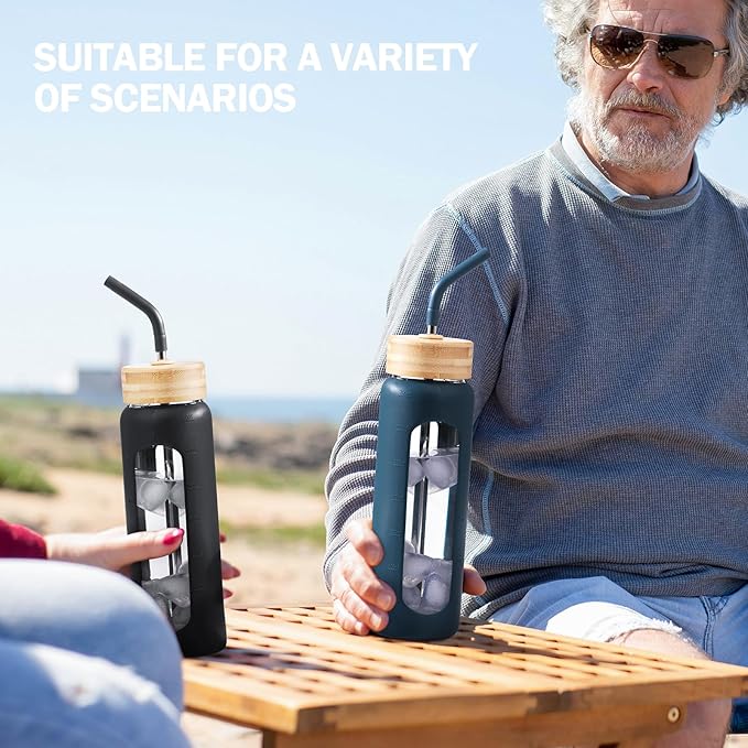 Glass Water Bottles with Straw -24oz- Water Bottle Phone Holder for Gym Sports Water Bottles with Silicone Sleeve Glass Drinking Bottles 2 Lids - Spout & Bamboo Straw Lid(Dark Blue)