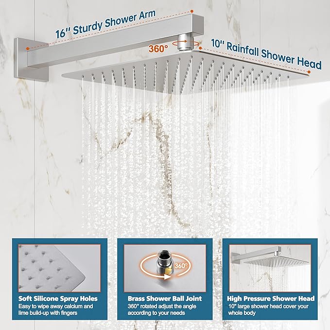 Shower System, 10'' High Pressure Brushed Nickel Shower Head with Handheld Spray Combo, Included 59'' Shower Hose, Shower Trim Kit and 2-IN-1 Diverter, Bathroom Shower Faucet Set with Valve