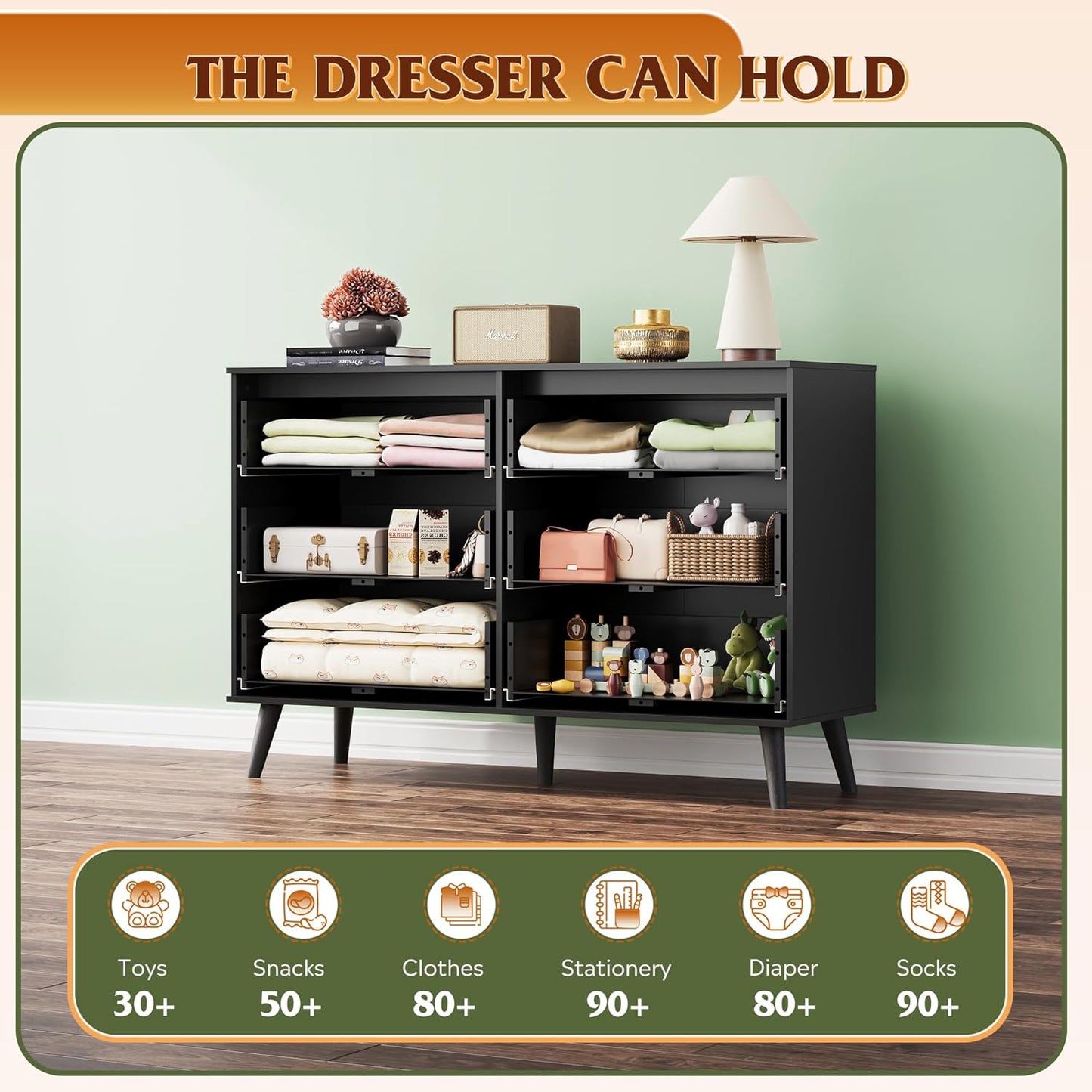 WLIVE Black Dresser for Bedroom, 47.24'' Wide 6 Drawer Wood Dresser Storage Organizer with Sturdy Metal Handle, TV Stand for 55 inch TV, Chest of Drawers for Living Room, Hallway, Closet