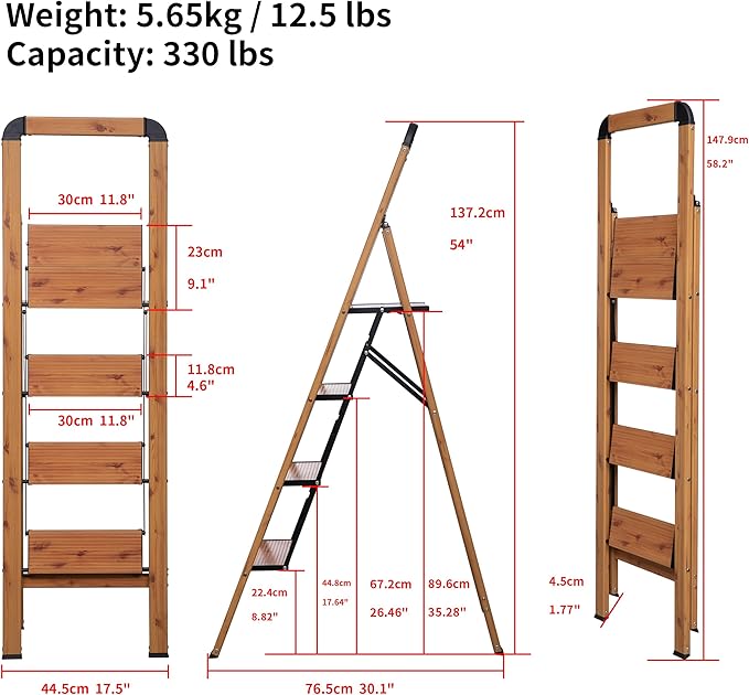 Step Ladder 4-Step Woodgrain Finish Aluminum Folding Step Stool Wide Pedal,Anti-Slip Portable Sturdy for Home & Kitchen Office 330 lbs