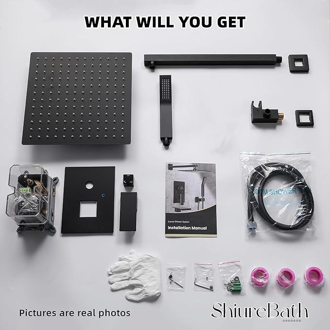 10 Inch Shower Faucet Set, Rainfall Shower System with Square Fixed Shower Head and High Pressure Handheld Shower Head, Spray Wall Mounted Rainfall Shower Fixtures, Matte Black