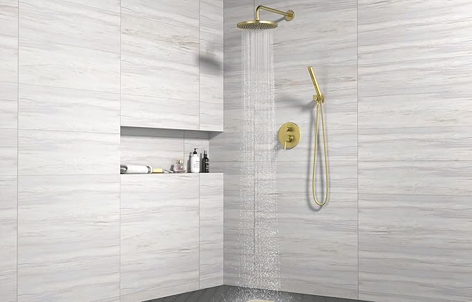 Lava Odoro Modern 2-Setting Round Rain Shower System, Gold Rainfall Shower Faucet Set Rain Shower Head and Handle Set, Shower Valve Trim Kit, 10 Inch, Brushed Gold, SF104-SG