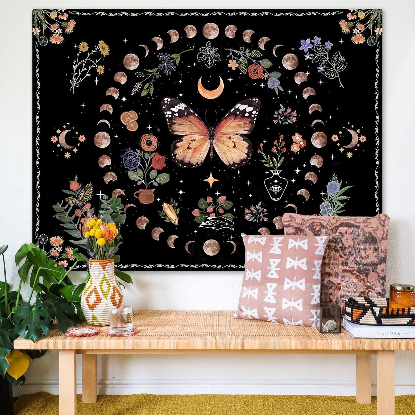 Fowocu Orange Butterfly Moon Flower Tapestry Boho Floral Plant Tapestries for Bedroom Aesthetic Tapastry's Wall Hanging Mandala Botanical Wall Tapestry for Living Room Dorm (Yellow, 60'' × 44'')