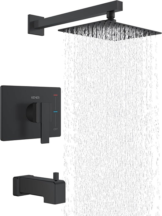KENES Modern Matte Black Shower Faucet Set, Tub and Shower Trim Kit With Single-Spray Head, Square Faucet, KE-6024A-2 (Valve Included)