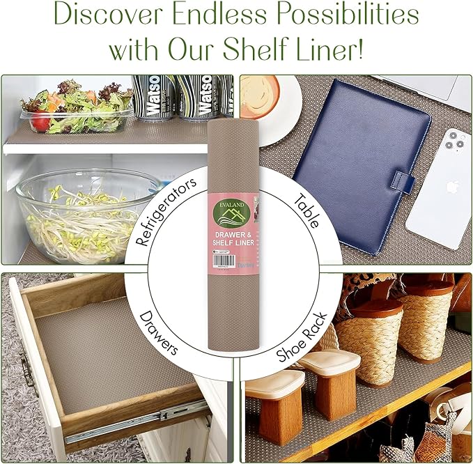 EVALAND 12 INCHES x 33 FEET (394 Inches) Non-Slip Shelf Liner, EVA Kitchen Liner, Non-Adhesive Liner, Smooth Drawer Liner, Durable Strong Grip Liner, Stain-Proof Shelf, Cabinet Liner, Beige