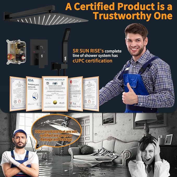 SR SUN RISE Matte Black Square Rainfall Shower Head and Handle Set, Wall Mounted Shower Fixtures, Metal Shower Faucet Trim Repair Kits (With Shower Valve) 16 Inches