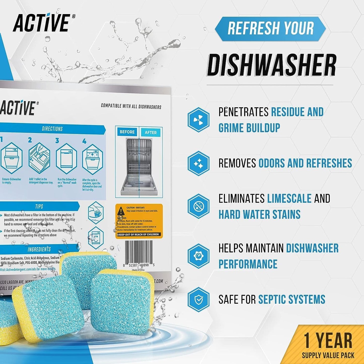 Washer Dishwasher Disposal & Coffee Cleaner Tablets - 96 Tabs Includes ACTIVE Washing Machine Cleaner, Dishwasher, Disposer, Coffee Maker Descale Tabs - Deep Clean & Refresh Appliance - 1 Year Supply