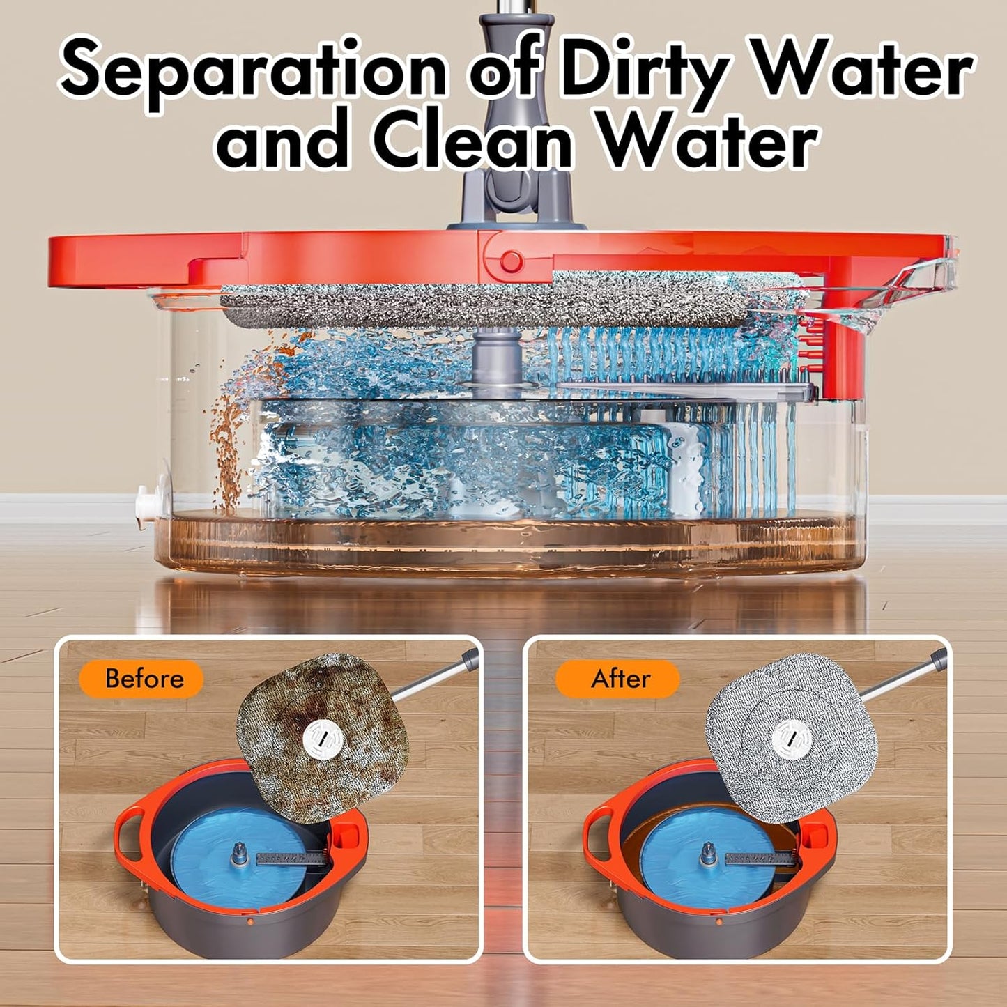 Spin Mop and Bucket Set with Separate Dirty and Clean Water,360° Spin Mop and Bucket System with Widening Foldable Handle,4 Replaceable Mop Pads,Square Mop for Floor Hardwood Tile Marble Wall Cleaning