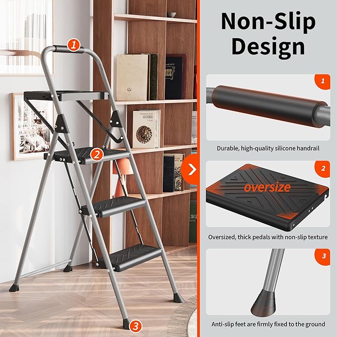 3 Step Ladder,DIAMONDFORGE Folding Step Stool with Tool Platform,Wide Anti-Slip Pedal and Anti-Slip Feet,Sturdiest Steel Construction,900lbs Capacity Steel Ladder for Home Office,Grey