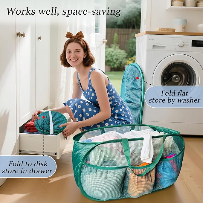 Collapsible Laundry Basket 2 pack, Mesh Pop Up Laundry Hampers with Handles, Anti-tear, Light Breathable, Odor-free, Fold Compact, Large Hold Portable Travel Laundry Bag for Home Bin, Green. H+V