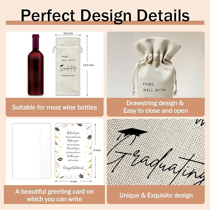 Graduation Wine Gift Bags & Card, Graduation Gifts for Him Her Son Daughter College, Pairs Well With Graduating, 1 pcs Reusable Burlap Wine Gift Bags for Wine Bottles, Graduation Party Decor Favor -25