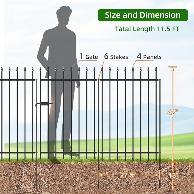 Metal Garden Fence with Gate 42 in H x 11.5 ft L, 1 Gate + 4 Panels Border Fence Panels Animal Barrier for Dogs, No Dig Garden Fencing for Yard Patio Flower Bed Lawn Outdoor, Black