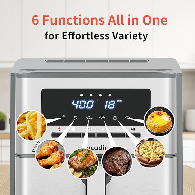 Air Fryer 10 Quart, Large Air Fryer for Families, 6 Cooking Functions AirFryer, 400°F Temp Controls in 5° Increments, Ceramic Coated Nonstick Basket and Crisper Plate, Dishwasher-Safe, 1700W, Grey