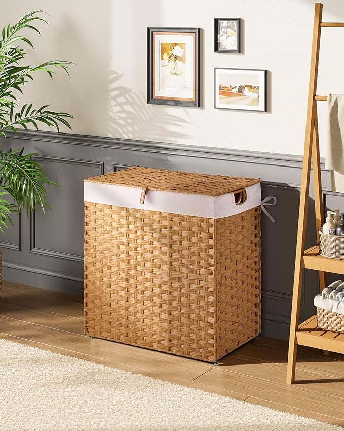 Greenstell Laundry Hamper with lid, No Install Needed, 110L Wicker Laundry Baskets Foldable 2 Removable Liner Bags, 2 Section Clothes Hamper Handwoven Rattan Laundry Basket with Handles, Natural