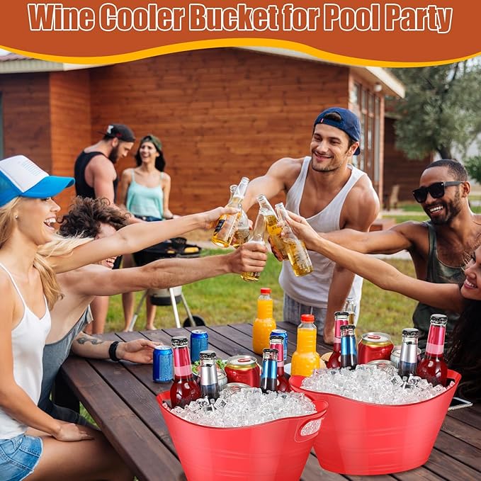 Norme 24 Pcs Oval Storage Tub with Handles, 4.5L Plastic Ice Bucket Wine Beer Champagne Bottle Drink Cooler Tub for Parties Beverage, Storage Basket (Red)