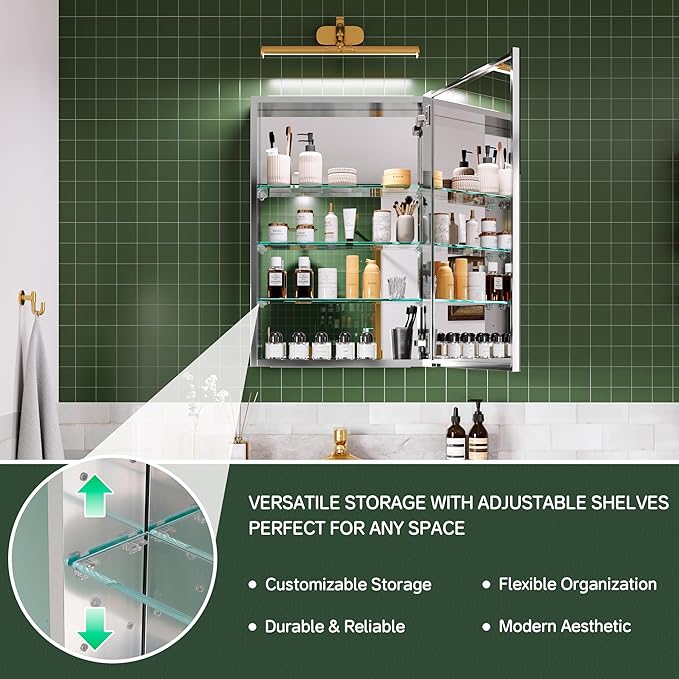 20''×30'' Mirrored Medicine Cabinet,Vanity Mirror with Door, Storage Cabinet for Bathroom, Adjustable Shelves, Blum Hinge Soft Close Door, Right Swing