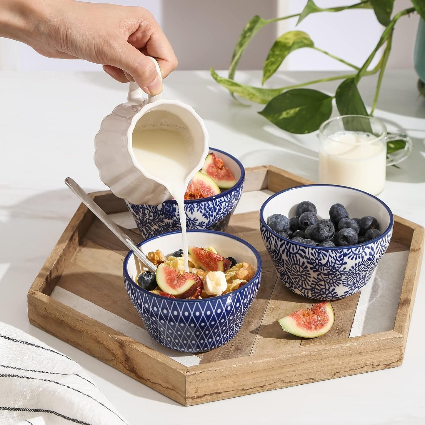 Selamica Ceramic 8oz Bouillon Cups 4 Inch Small Bowls, Dessert bowls for Soup Dipping Sauce Coffee Cupping, Microwave Dishwasher Safe, Set of 6, Vintage Blue