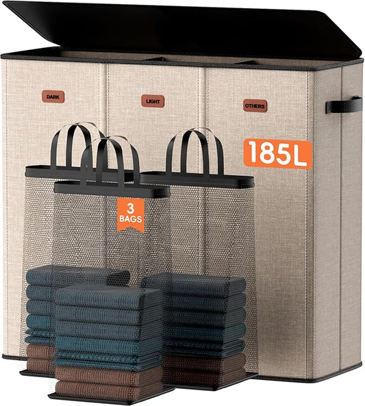 185L Laundry Hamper 3 Section, Laundry Hamper with Lid, Dirty Clothes Hamper with 3 Removable Washing Bags, Extra Large Laundry Basket Organizer for Bedroom, Laundry Room, Dorm - Khaki