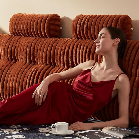 Faux Fur Headboard Pillow with 2 Pack Neck Roll Pillow Large Headboard Pillow Soft and Supportive with Removable Cover (Brown, King)