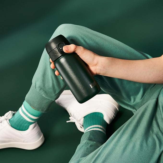 Ion8 Kids Water Bottle, Steel 400 ml/13 oz, Leak Proof, Easy to Open, Secure Lock, Dishwasher Safe, Flip Cover, Carry Handle, Easy Clean, Durable, Scratch Resistant, Carbon Neutral, Dark Green