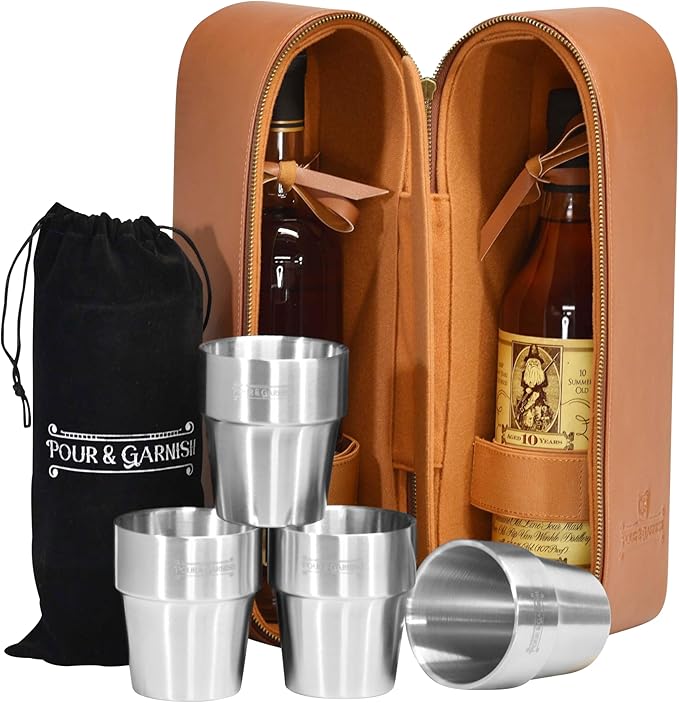 POUR & GARNISH Bourbon Whiskey & Wine Double Bottle Travel Bag with 4 Stainless Steel Double-Walled Vacuum Insulated Glasses - Makes a Great Gift!