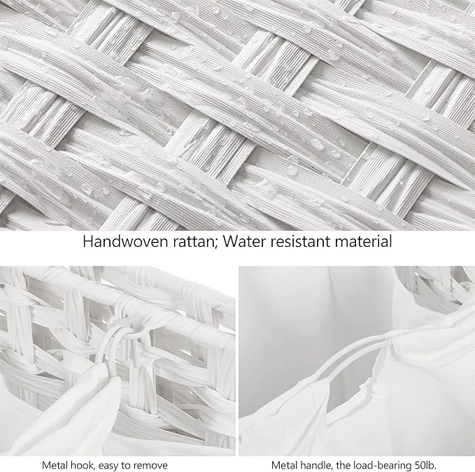 Laundry Hamper with 3 Removable Liner Bags; 132L Handwoven Rattan Laundry Basket with Lid & Heightened Feet; Clothes Hamper with Side Handles; Laundry Sorter with 3 Separate Sections (White)