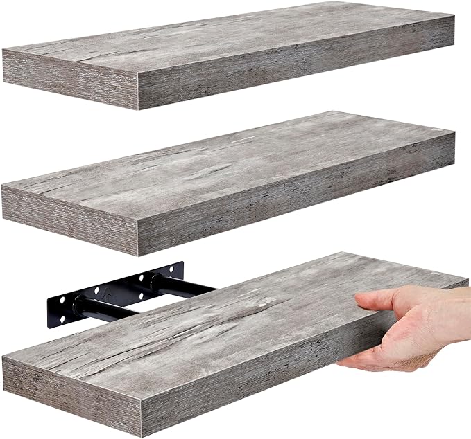 Sorbus Floating Shelves for Wall, Bathroom Shelves Wall Mounted for Kitchen, Bedroom, Bathroom Storage Over Toilet, Hanging Book Shelf for Wall Home Decor Living Room (Gray, 3 Pack)