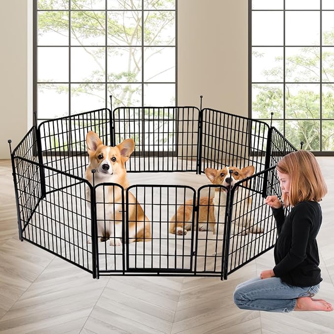 Garden Fence with Gate 36 in(H)×27 in(L) 4 Panels, Heavy Duty Iron Animal Barrier Fence, Rabbit Fence for Garden, Suitable for Indoor Pet Or Outdoor Dog Fencing, Total 8.9 Ft(L), Black