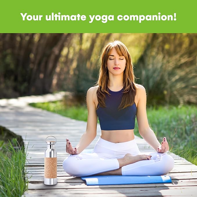 SteadyDoggie 25oz Yoga Water Bottle - Non-Slip Cork Design - Double Wall Vacuum Insulation - Leak-Proof Cap - Metal Tumbler For Hot & Cold Drinks - With THIN DETACHABLE Cork SLEEVE- 10.3 x 3 in