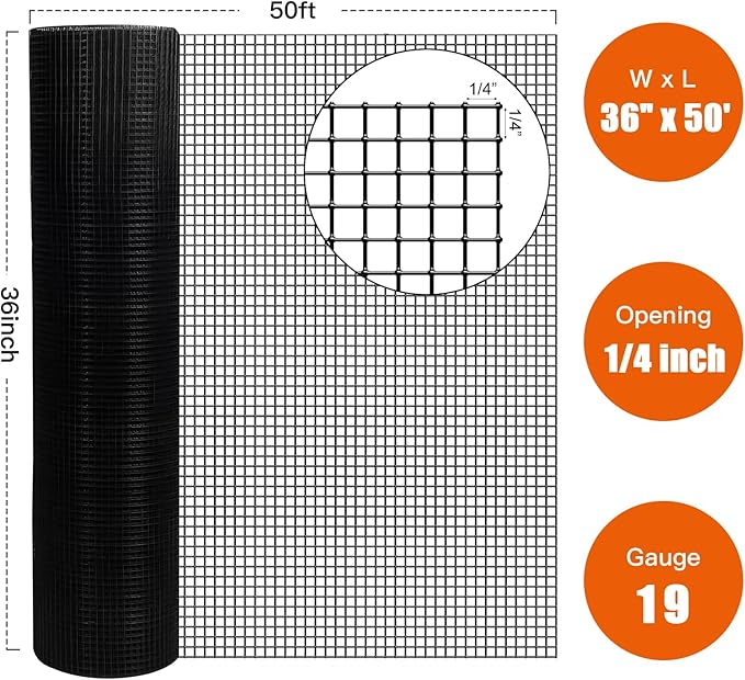 36" x 50' 1/4inch Hardware Cloth, Black Vinyl Coated Chicken Wire Fence Galvanized Welded Mesh Roll for Home Garden Rabbit Cage