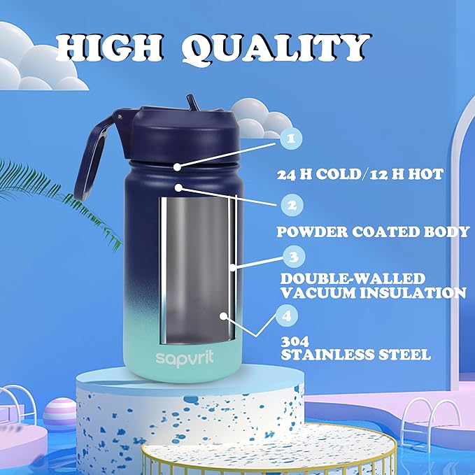 Kids Water Bottle, 16OZ Water Bottles Kids with Straw, Stainless Steel Vacuum Double Wall Insulated cup, Kids Water Bottle for School, Gifts for Boys (GREEN PINK, 16OZ)