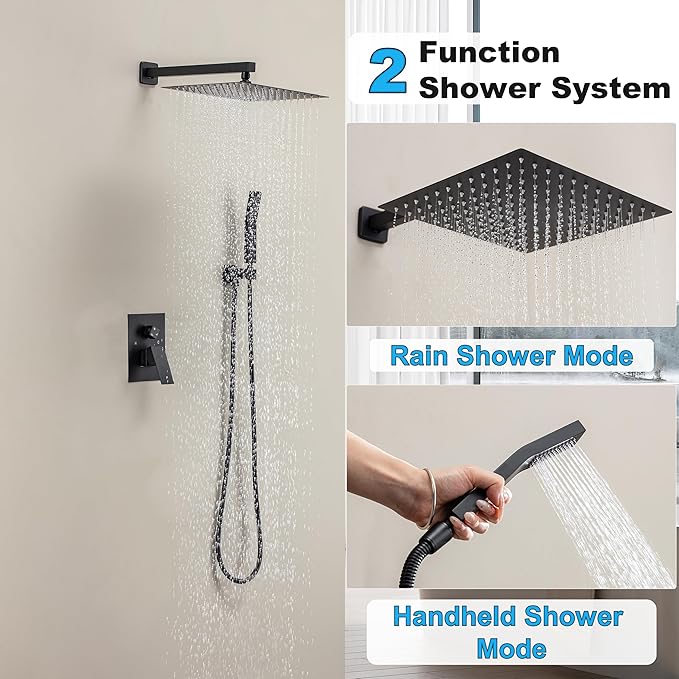 10 Inch Shower Faucet Set, Rainfall Shower System with Square Fixed Shower Head and High Pressure Handheld Shower Head, Spray Wall Mounted Rainfall Shower Fixtures, Matte Black
