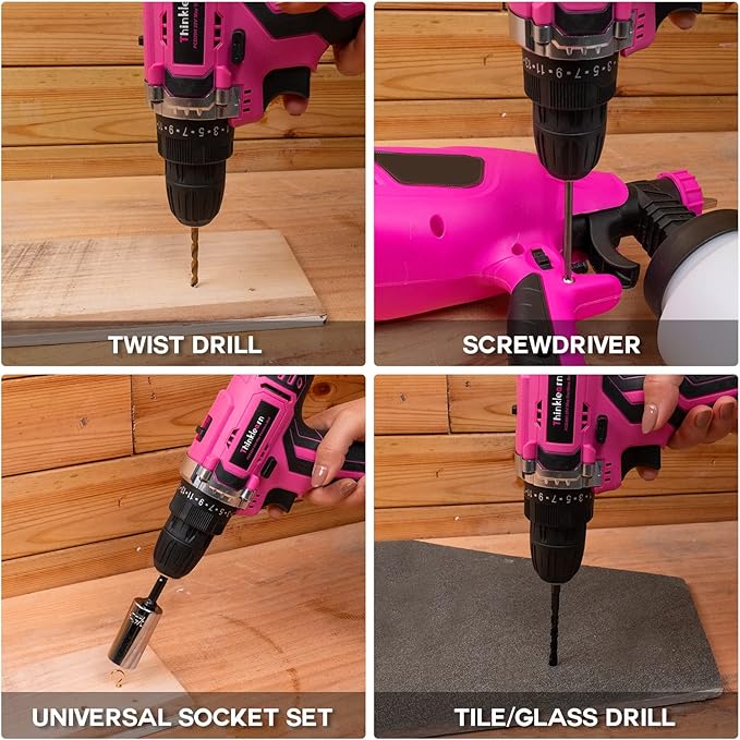 Pink Cordless Drill Set, 20V Lithium-ion Power Drill Set for Women with 67Pcs Driver Bits, 3/8"Keyless Chuck, 25+1 Position, 2.0Ah Battery, Charger and Storage Bag Included