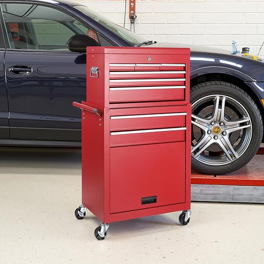 Tool Chest 8 Drawers Garage Storage Cabinet 2 in 1 Steel Frame Tool Chest with Wheels, Liner, Detachable Top, Lockable Wheels and Side Hooks for Garage, Red