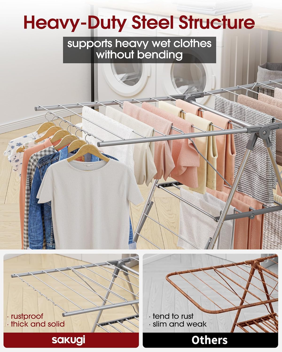 Clothes Drying Rack - Foldable Laundry Drying Rack for Clothing & Bedding, Easy-to-Assemble, Space-Saving Metal Airer with Non-Slip Feet, Indoor & Outdoor Use, 55.5"×22.8"×36.6", Gray
