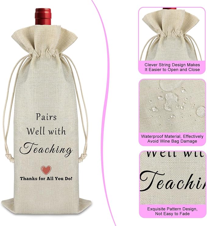 Gfhzdmf Thank You Gifts for Teacher Women Wine Bag Office Gift for Coworkers Appreciation Gift Mothers Day Gift for Mom Burlap Wine Wrap Bags Teachers Day Christmas Gift Drawstring Wine Gift Bag