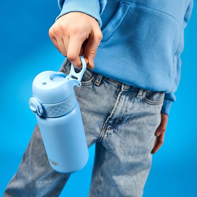 Ion8 Kids Water Bottle, Steel 400 ml/13 oz, Leak Proof, Easy to Open, Secure Lock, Dishwasher Safe, Flip Cover, Carry Handle, Easy Clean, Durable, Scratch Resistant, Carbon Neutral, Alaskan Blue