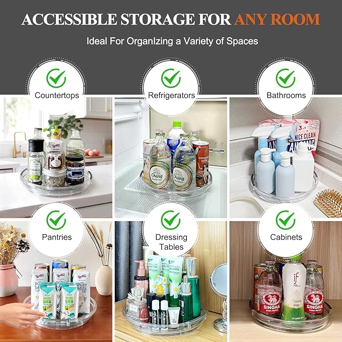 Clear Lazy Susan Organizer Turntable for Cabinet Table Top, 9.25 Inch 4 Pack 360 Rotating Spinning Makeup Organizer for Vanity, Kitchen Storage Rack Heavy-Duty Pantry Spices Tray Countertop Organizer