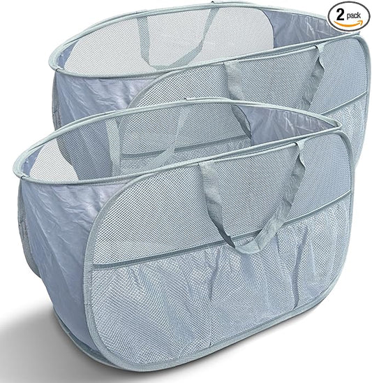 Collapsible Laundry Baskets 2 Pack, Mesh Pop Up Hamper with Handles, Portable Stair Basket, Dorm or Room Folding Bin, Dirty Clothes Hamper Light Breathable. Grey. 2H