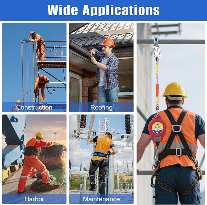 Fall Protection Lanyard Fall Arrest Protector 33Feet Self Retractable Double Locking Gear, Dual Shell Fall Safety Lifeline, Rope for Roofing, Construction, Rescue