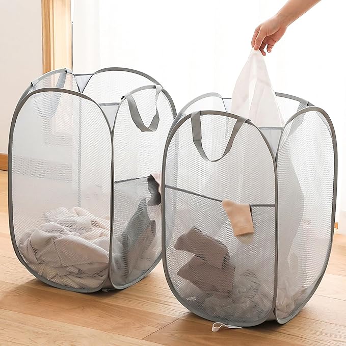 Collapsible Mesh Laundry Basket，Pop Up Laundry Hamper-Easy Storage, Ideal for Home and Travel Use (2 light gray)