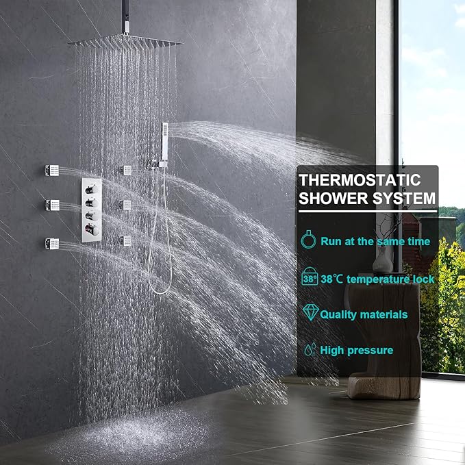 Enga Shower Jets System in Wall, 16 Inch Rain Shower Head with Body Spray Thermostatic Shower Faucet Set, Can Use All Functions At a Time (Volume Adjustable)