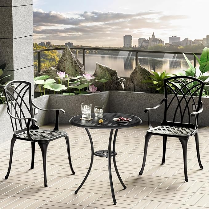 Patio Bistro Set 3 Piece, Cast Aluminum Bistro Set for 2 w/Umbrella Hole, Outdoor Table and Chairs Set of 2, Bistro Set for Balcony/Backyard/Garden, Black